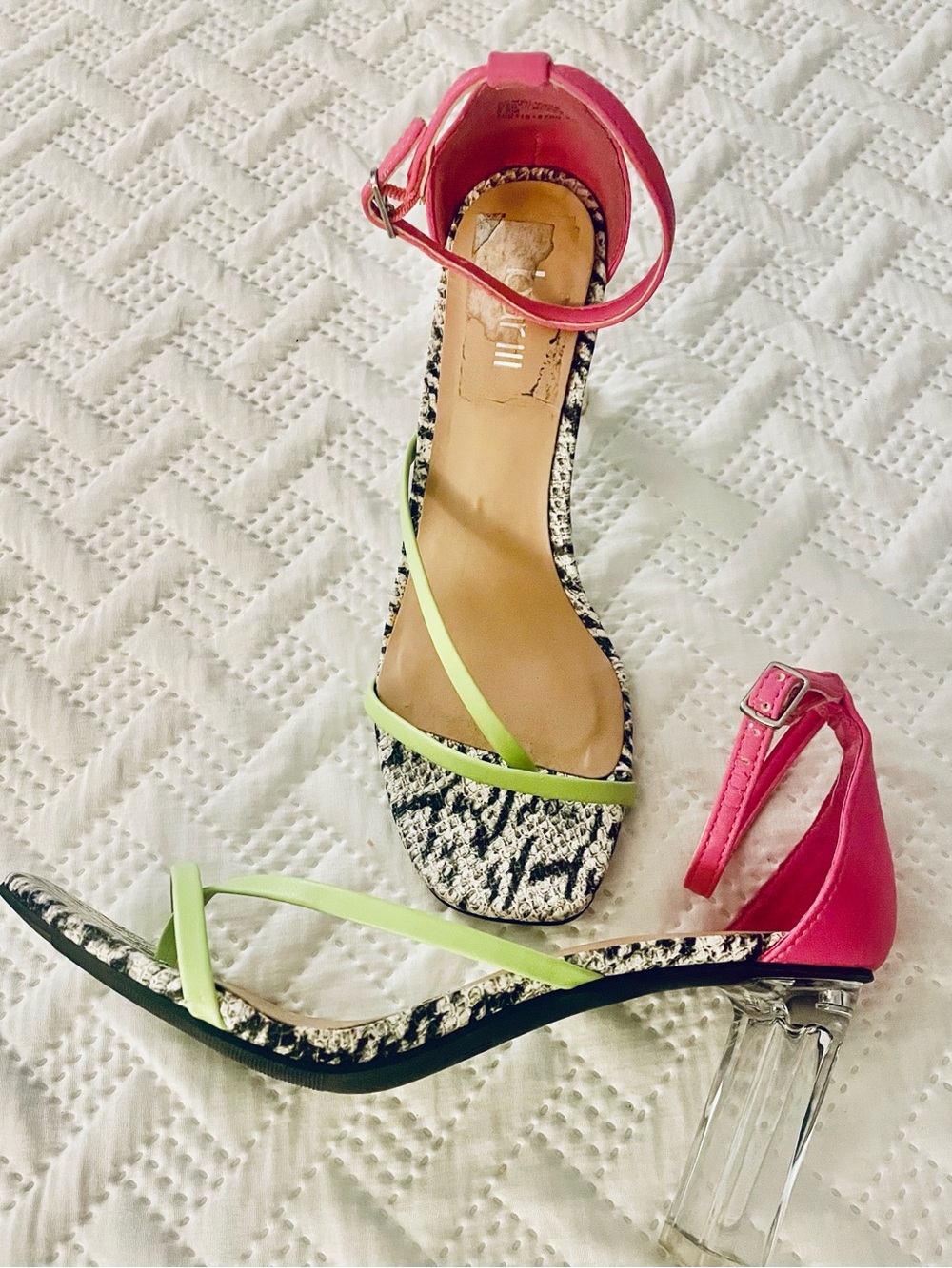Bar III Pink Ankle & Lime Strappy Clear Block Heel Sandals